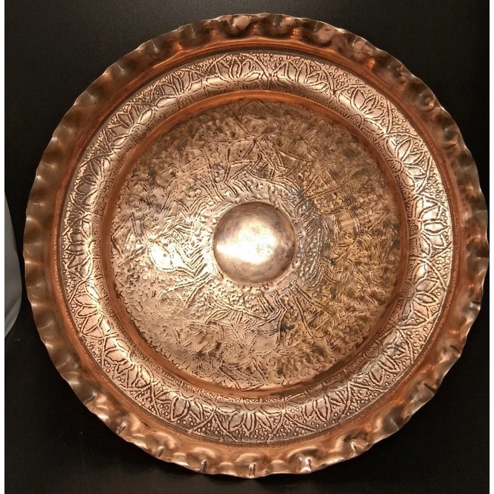 Vintage Embossed Copper Pedestal Compote Bowl w/Scalloped Edge